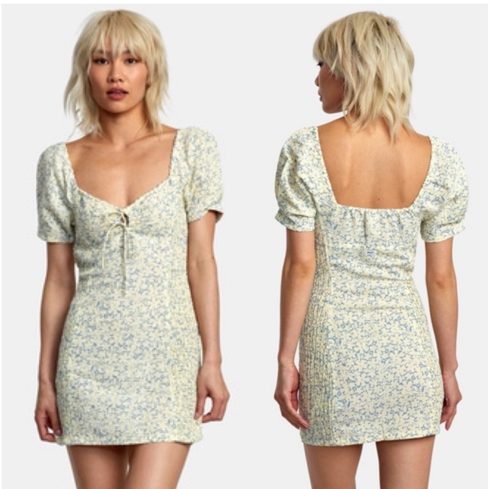 NWT RVCA ‘Gretal’ Linen Mini Dress w/ Puff Sleeves Floral Spring Trendy